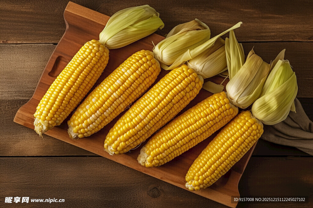木盘上的新鲜甜玉米