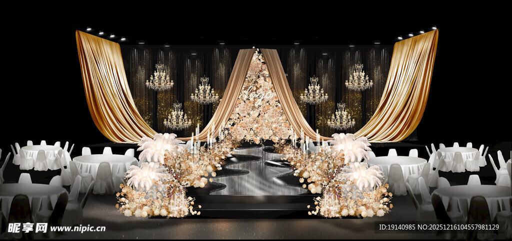 香槟色布幔造型老钱风婚礼主舞台