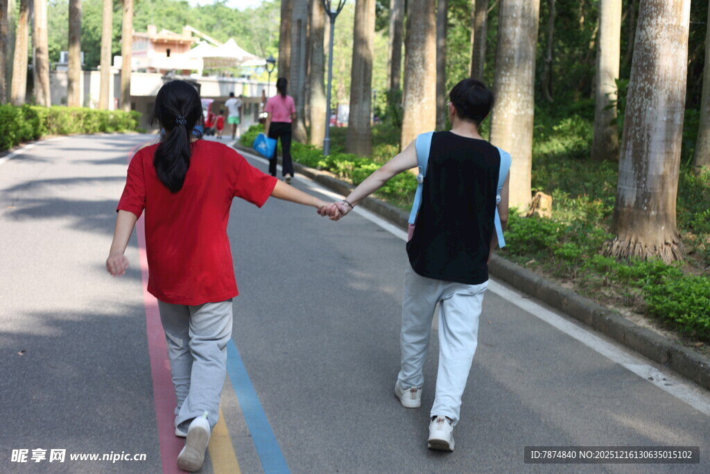 校园中牵手漫步的青春身影