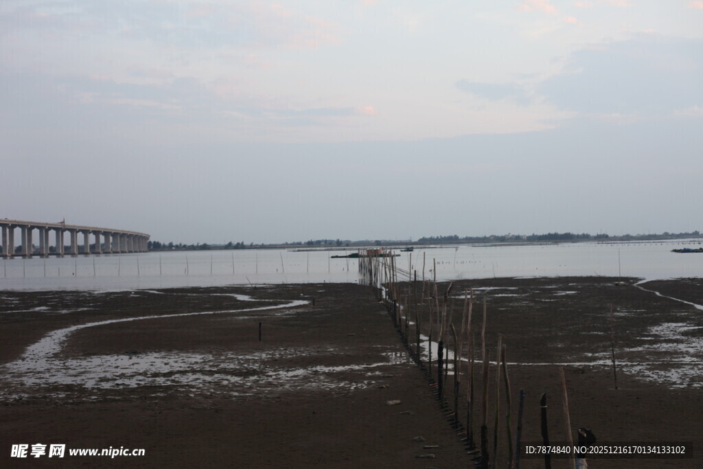 黄昏下的江畔与远处桥梁