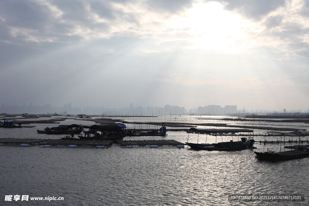 海上晨光中的船只与码头