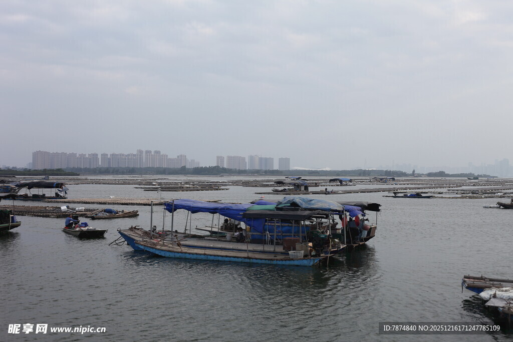 港口停泊的多艘作业船只