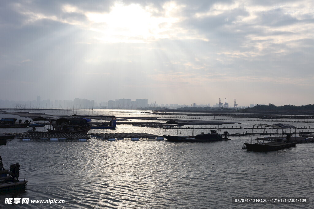 海上晨光中的船只景象