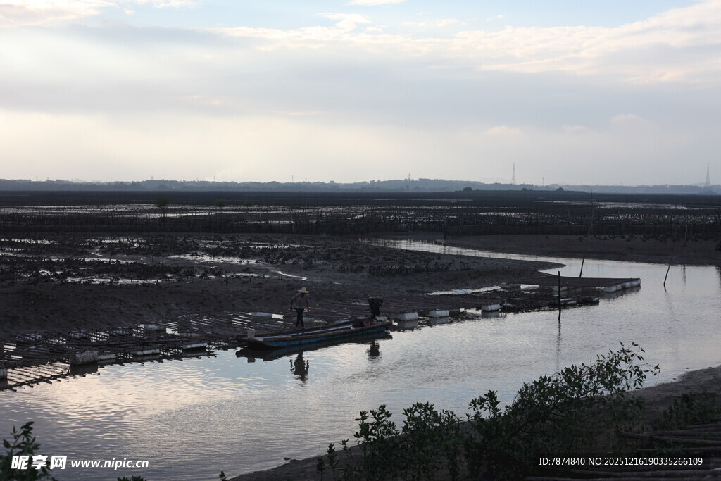 黄昏下的宁静河岸风光