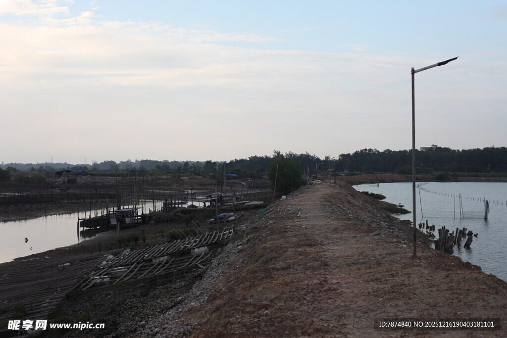 乡村河边的土路与路灯
