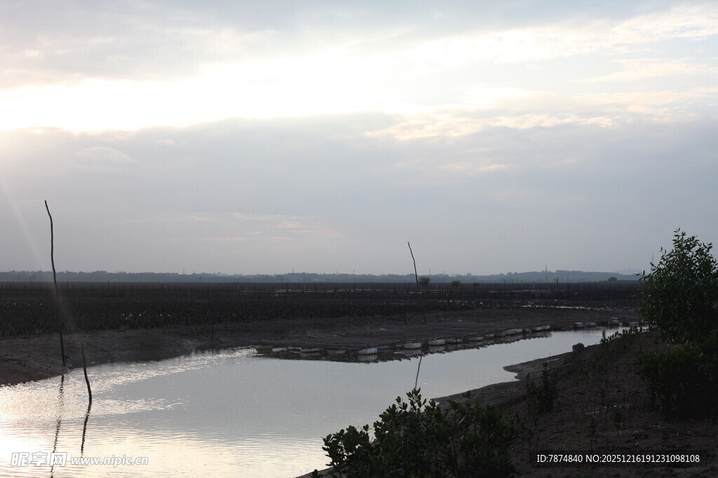 黄昏下宁静的河畔风光