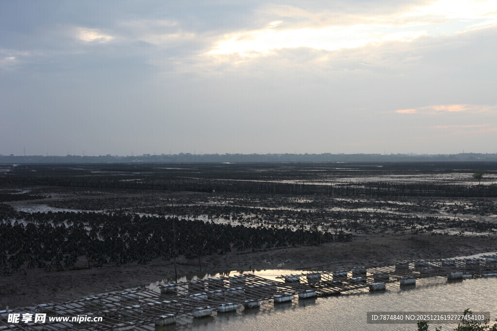 航拍黄昏下的广袤水域景观