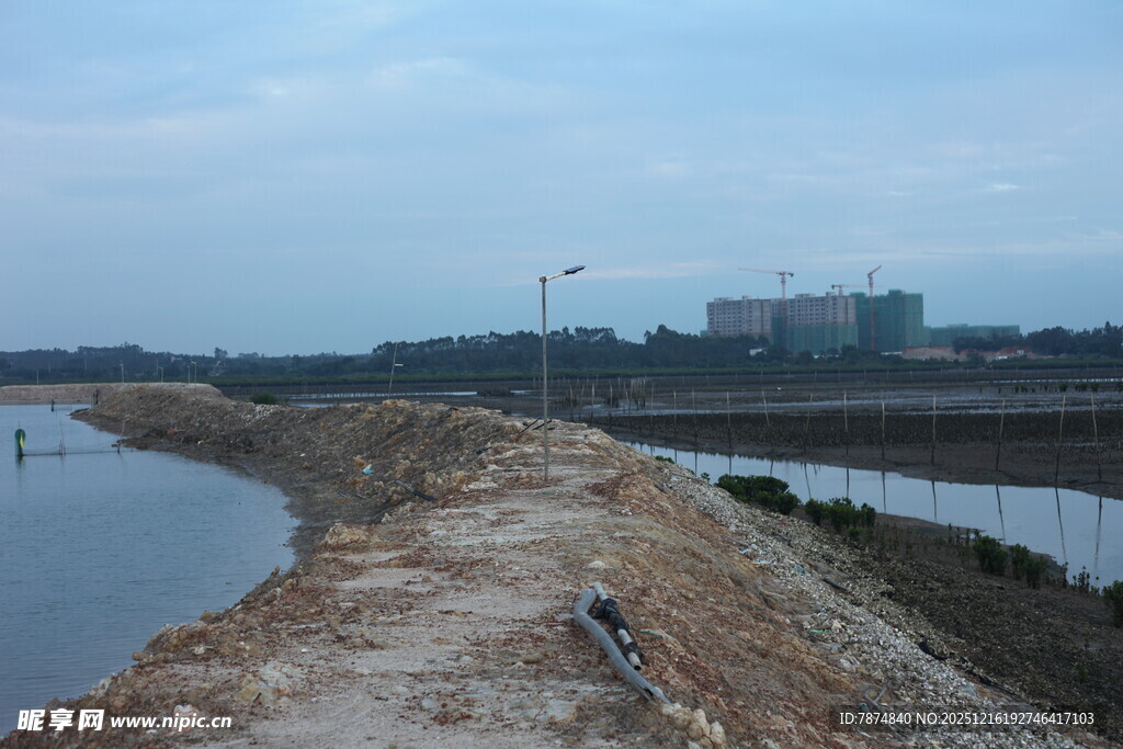 田野间的水渠与远处建筑