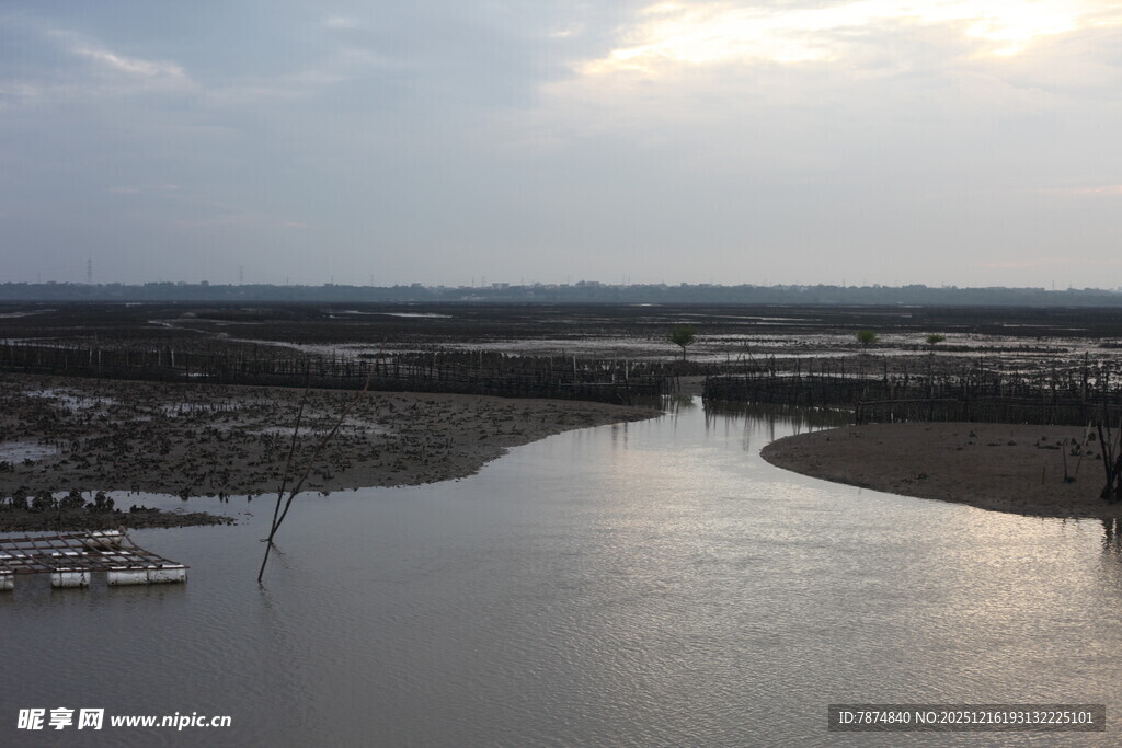 黄昏下的宁静河岸风光