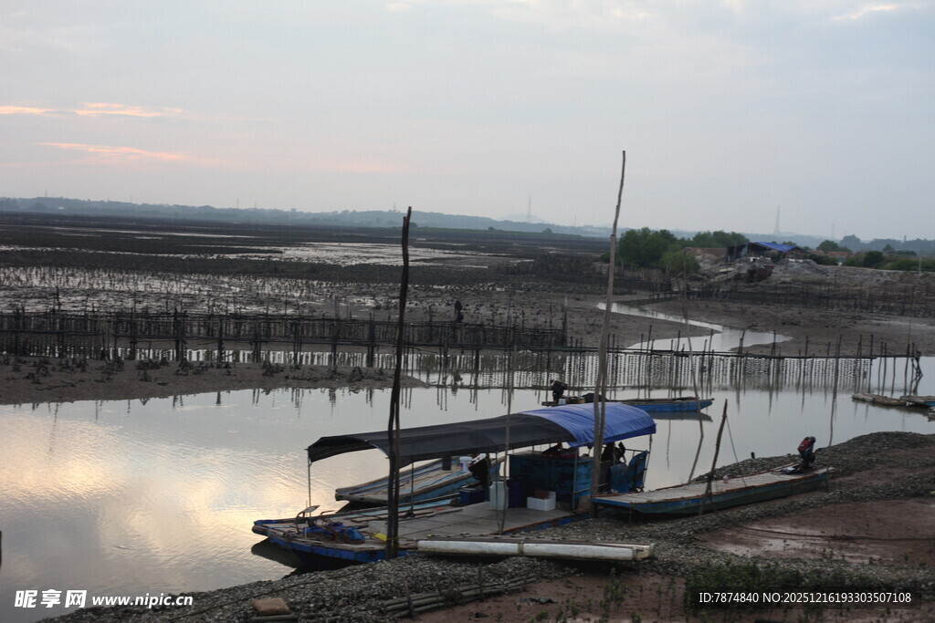 河畔停泊的船只与宁静风光