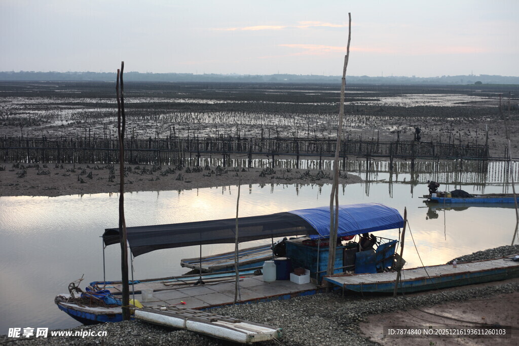 河畔停泊的船只与宁静景象
