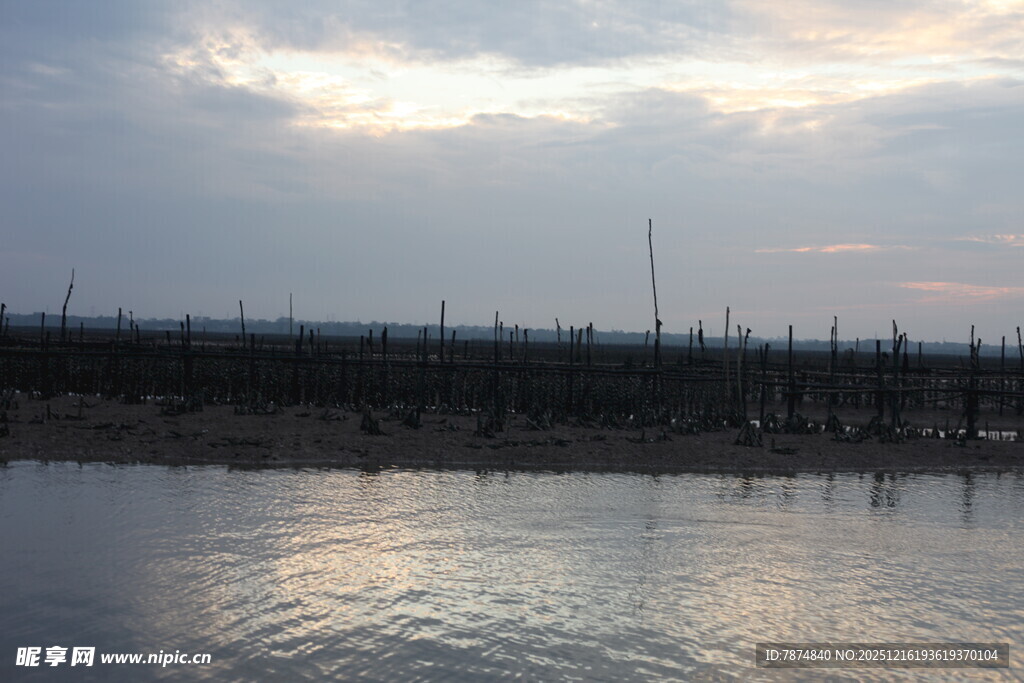 黄昏下的水域与林立设施
