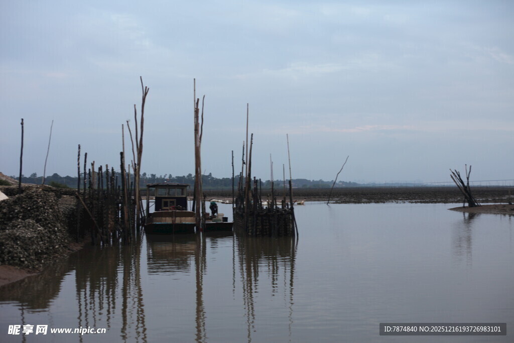 宁静水边停泊的众多船只