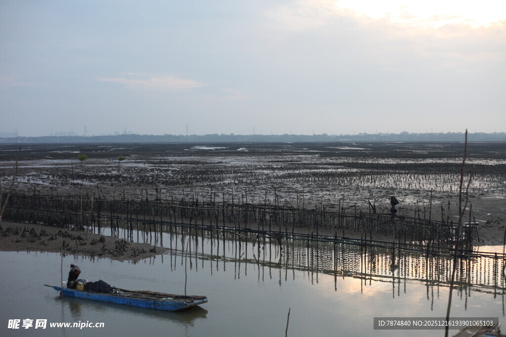 夕阳下的水上养殖场景