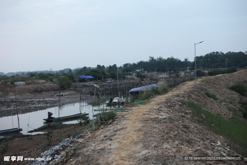 乡村泥泞小路旁的农田景象