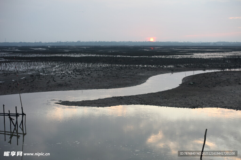 夕阳下的宁静河岸风光