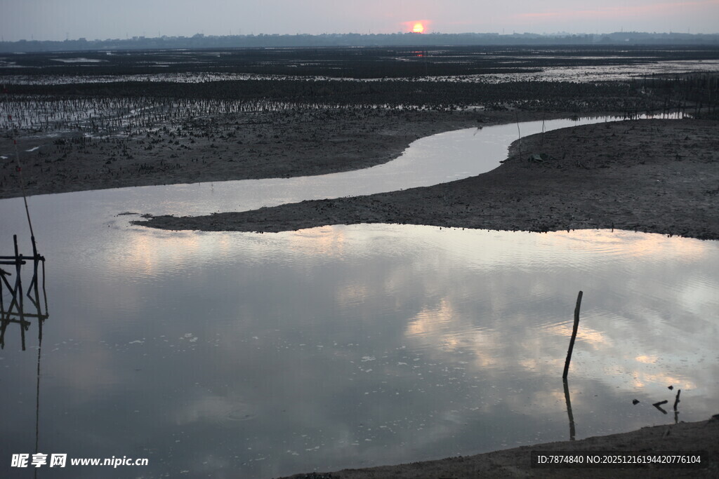 夕阳下的宁静河岸风光