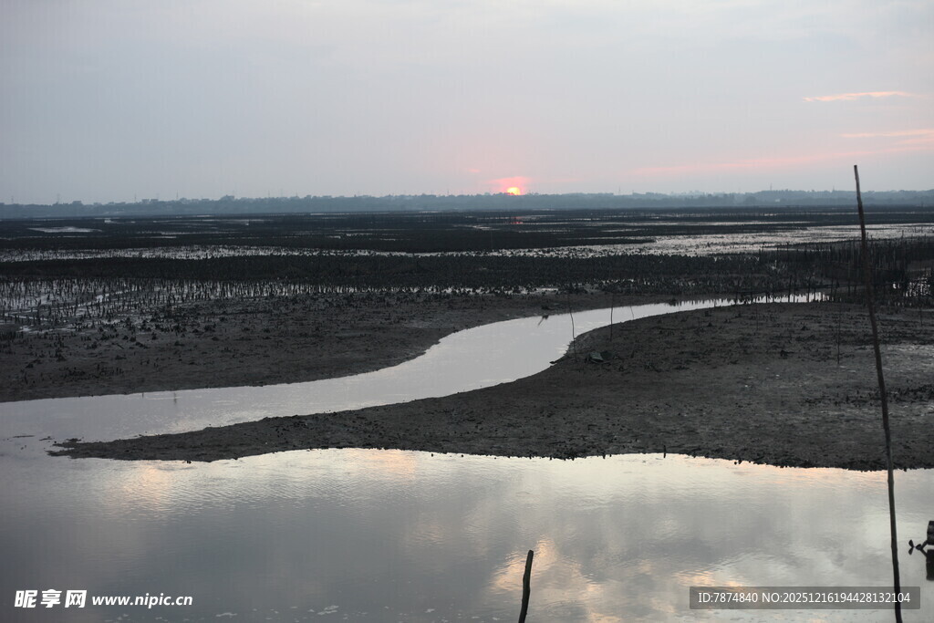 黄昏下的宁静河岸风光