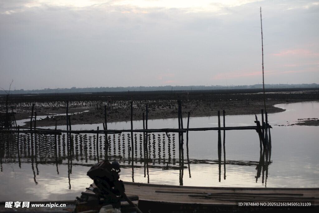 夕阳下的水边垂钓场景