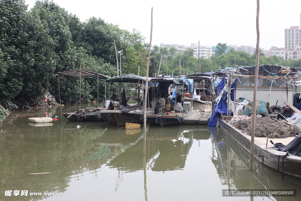 河边停泊的船只与景象