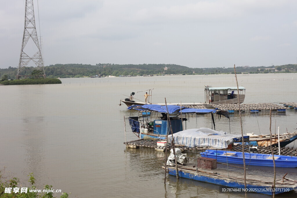 江边停泊的多彩船只