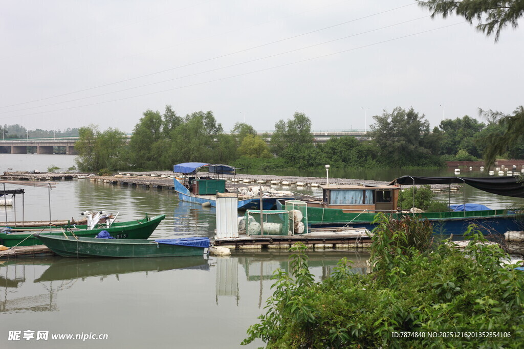 宁静湖畔停泊的多彩船只