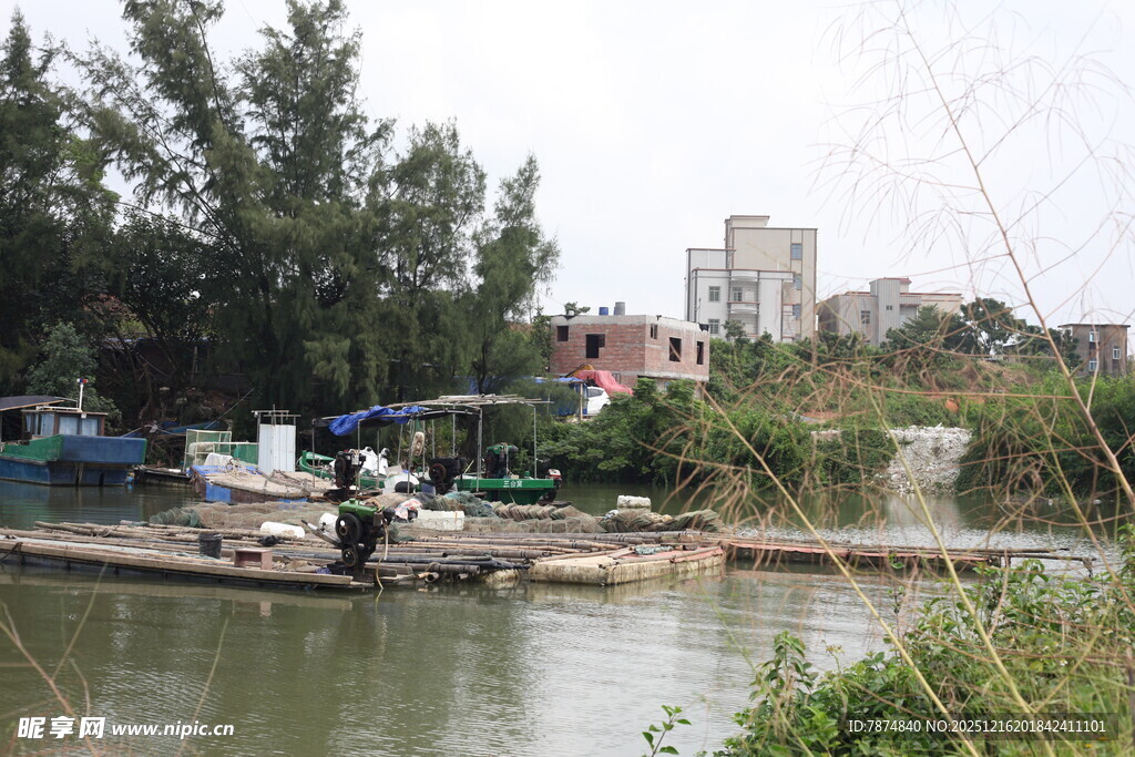 河边景致展现自然与建筑