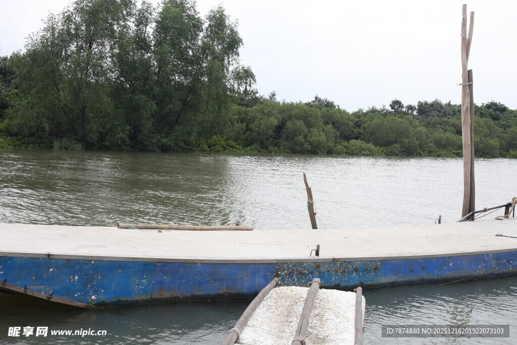 河上停泊的蓝白船只
