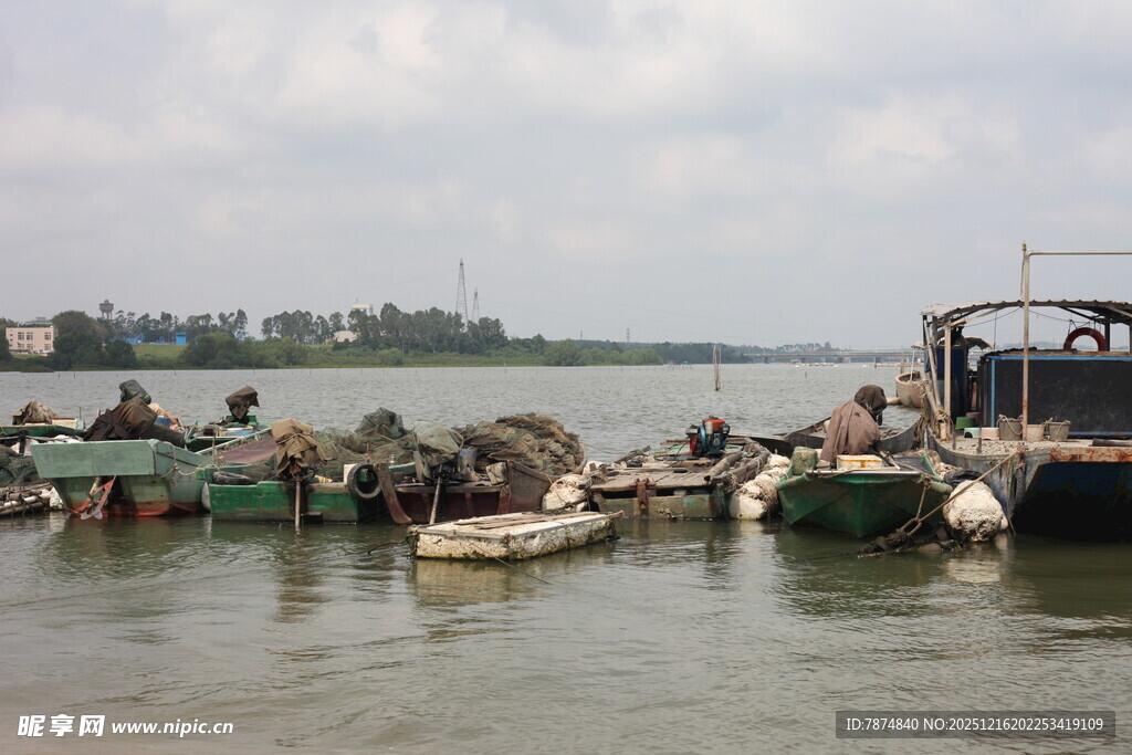 江边停泊的众多船只