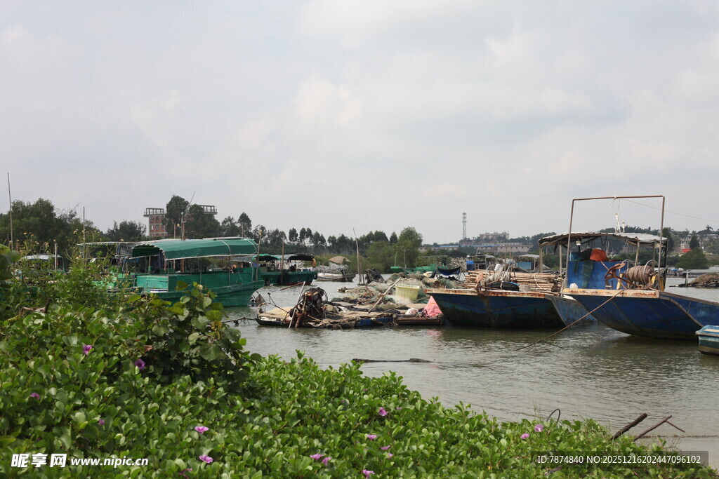 河畔停泊的多彩船只