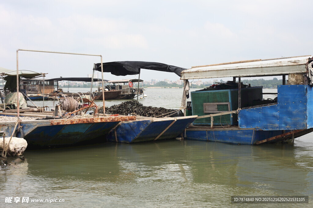 停泊在水边的多艘作业船只