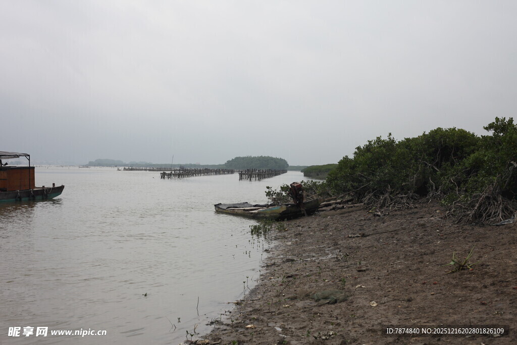 河边停泊的船只与岸景