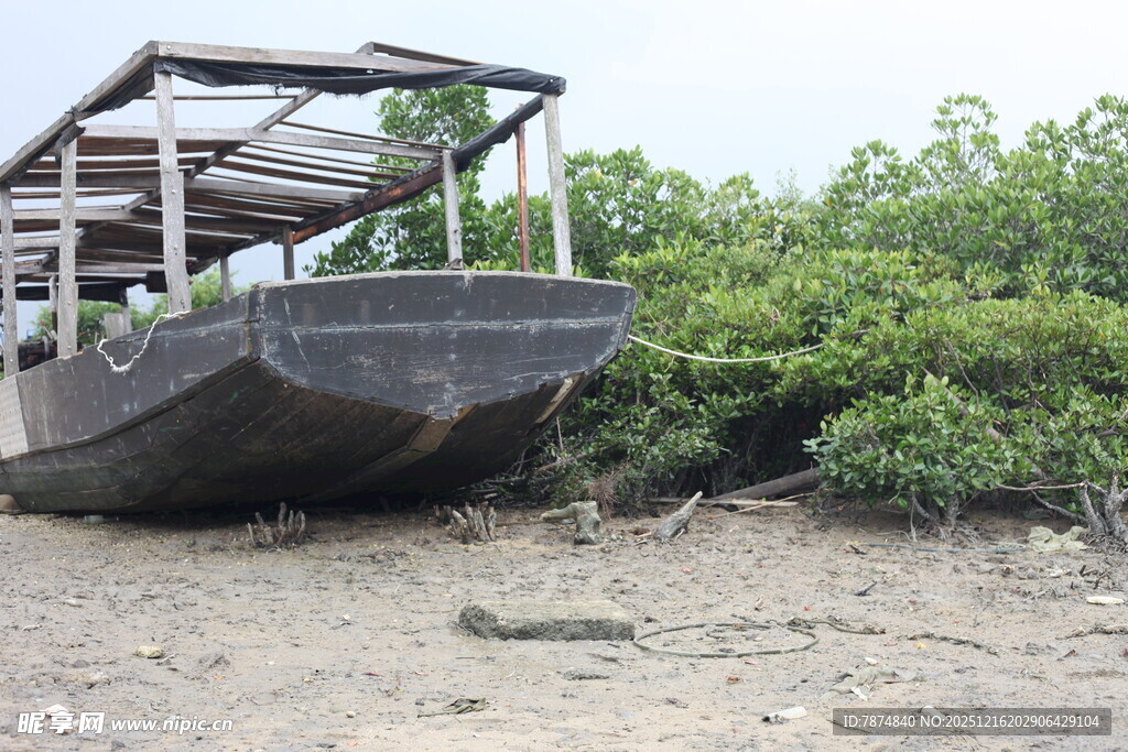 搁浅在岸边的老旧木船
