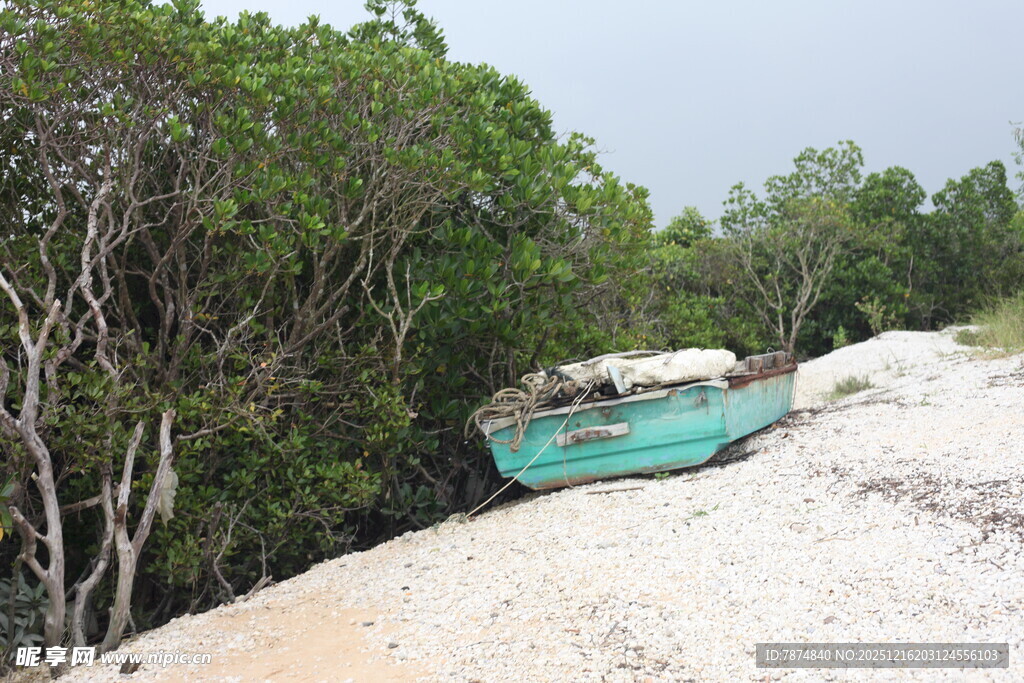 沙滩上的废弃蓝绿色小船
