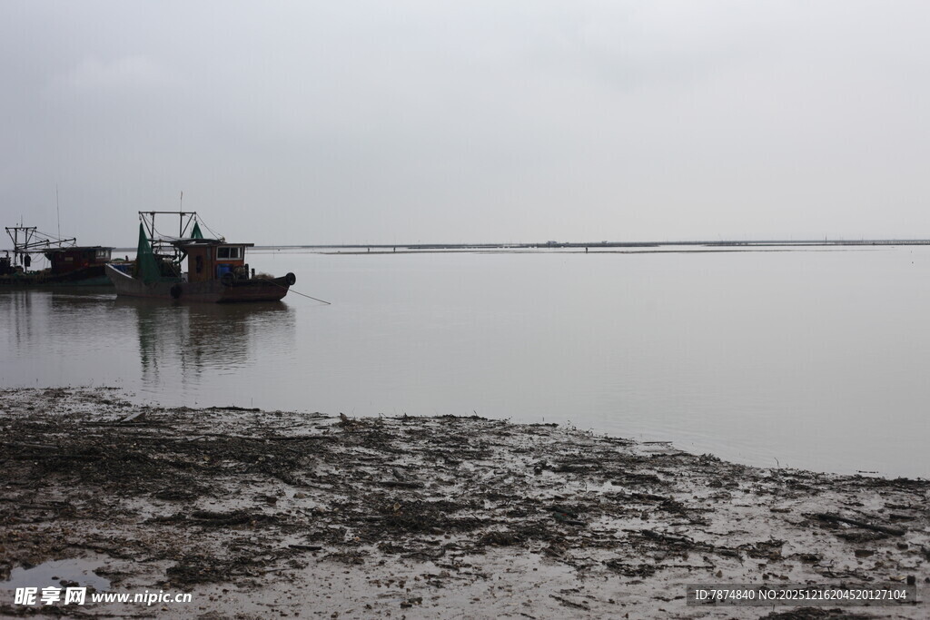 江边停泊的船只与滩涂