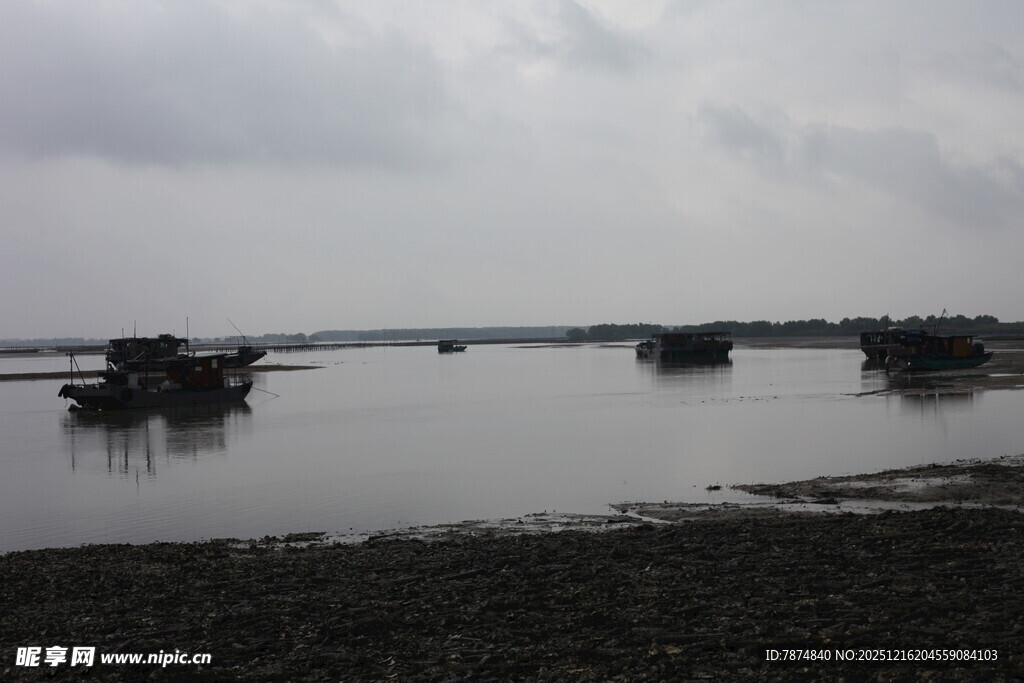 湖畔停泊船只的宁静景象