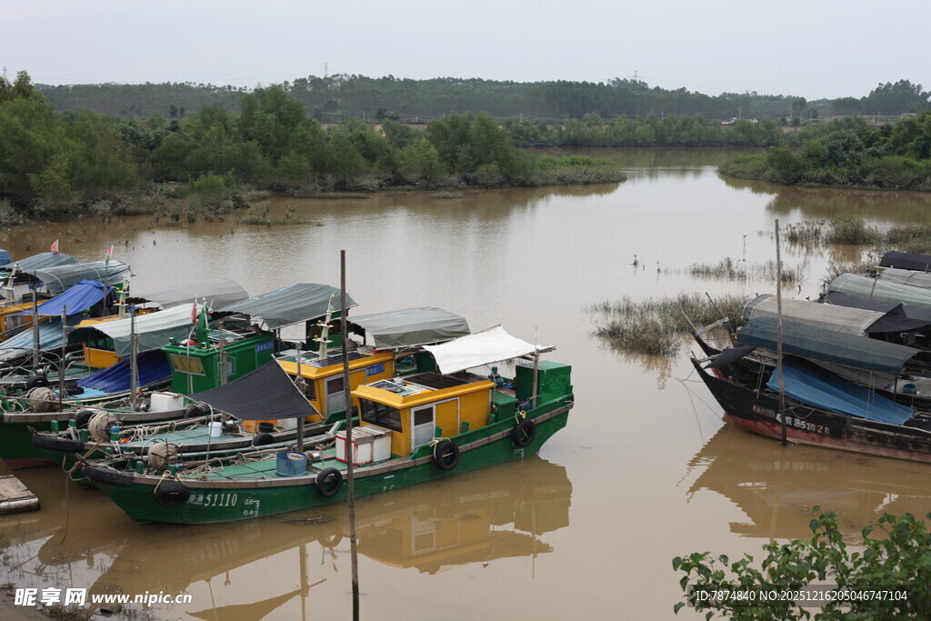 江边停泊的多彩船只