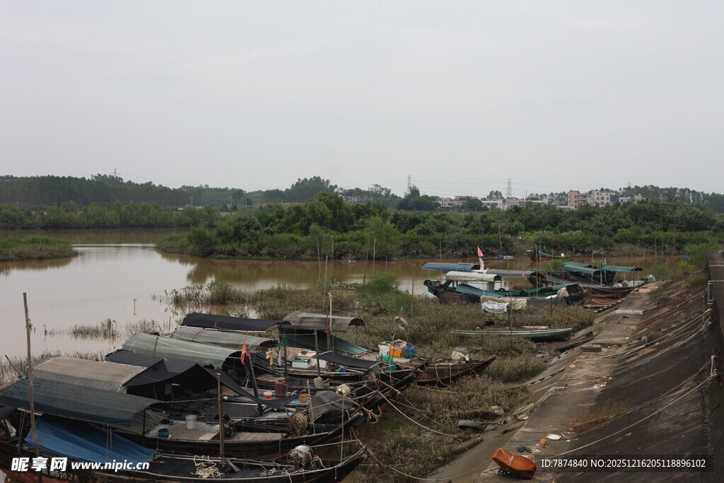河边停泊的船只景象