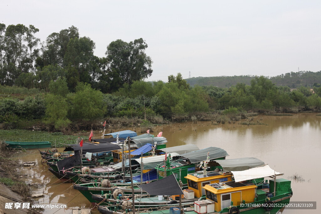 河边停靠的多彩船只