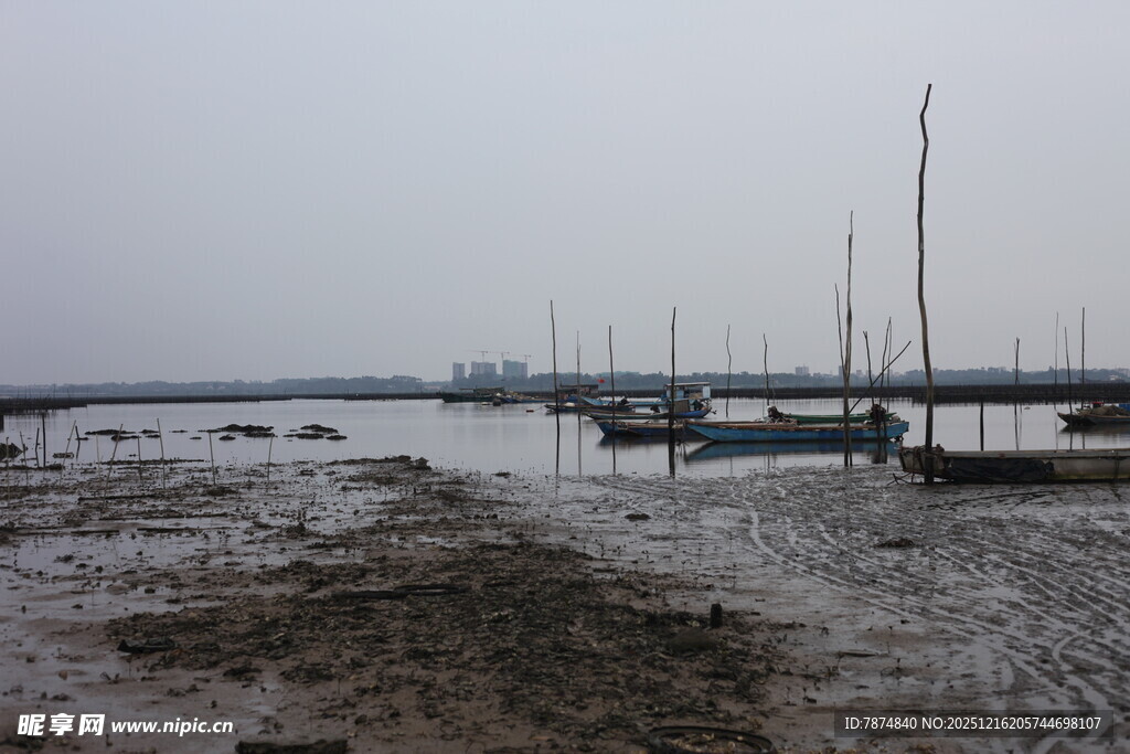 海边停泊的船只与泥滩