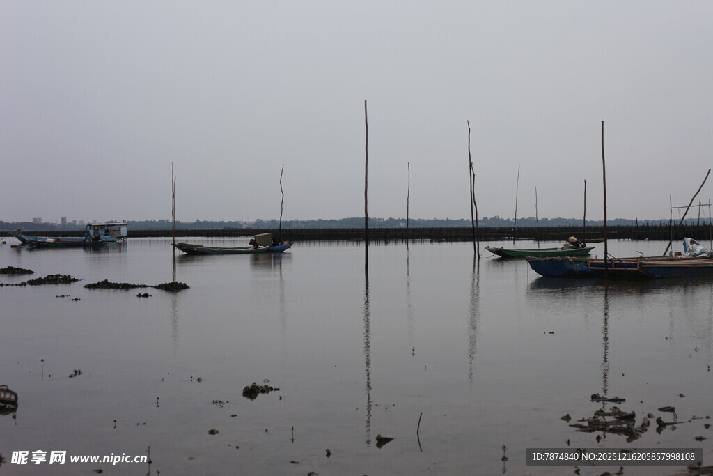 雾中停泊的船只与浅滩