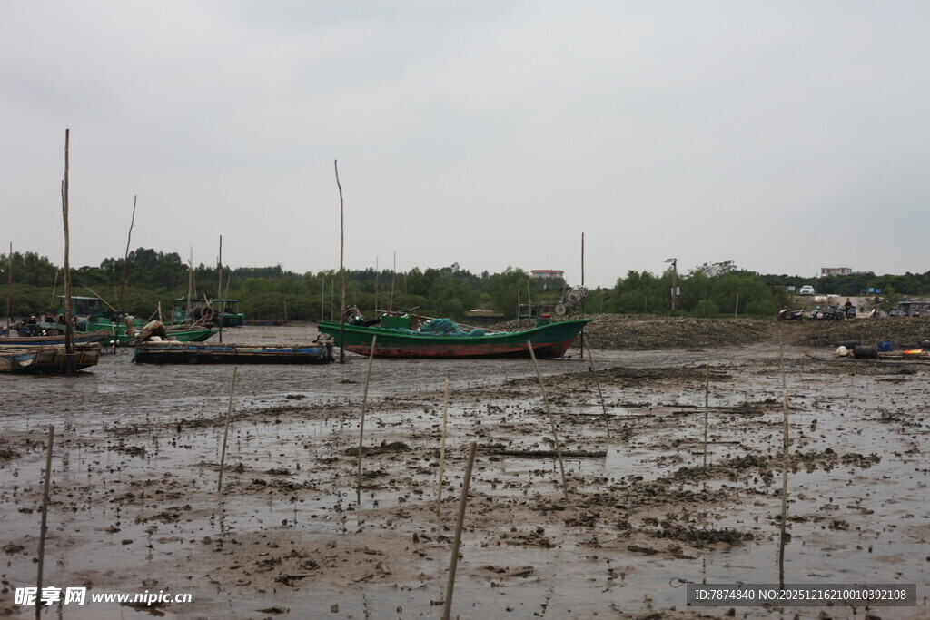 泥泞滩涂边停泊的船只