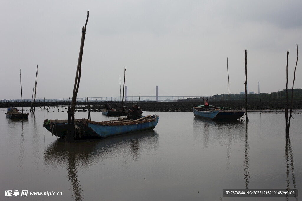 水面停泊的多艘古朴小船