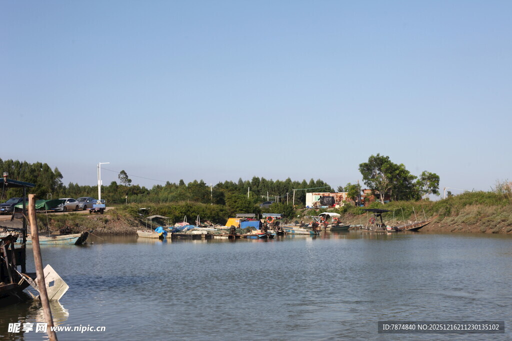 河畔停泊船只景象