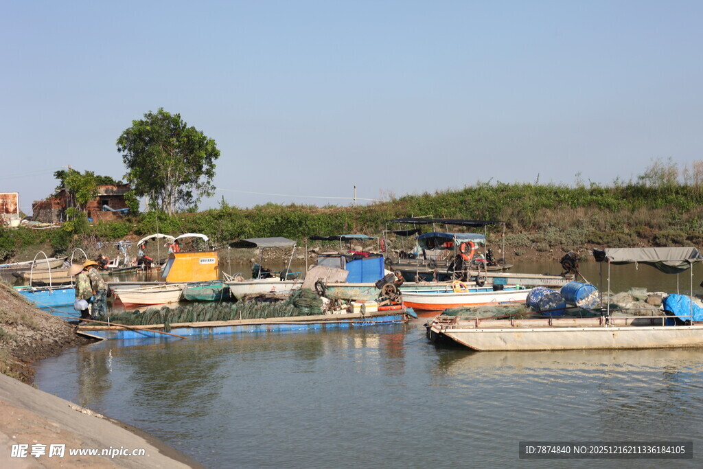 河边停泊的多彩船只