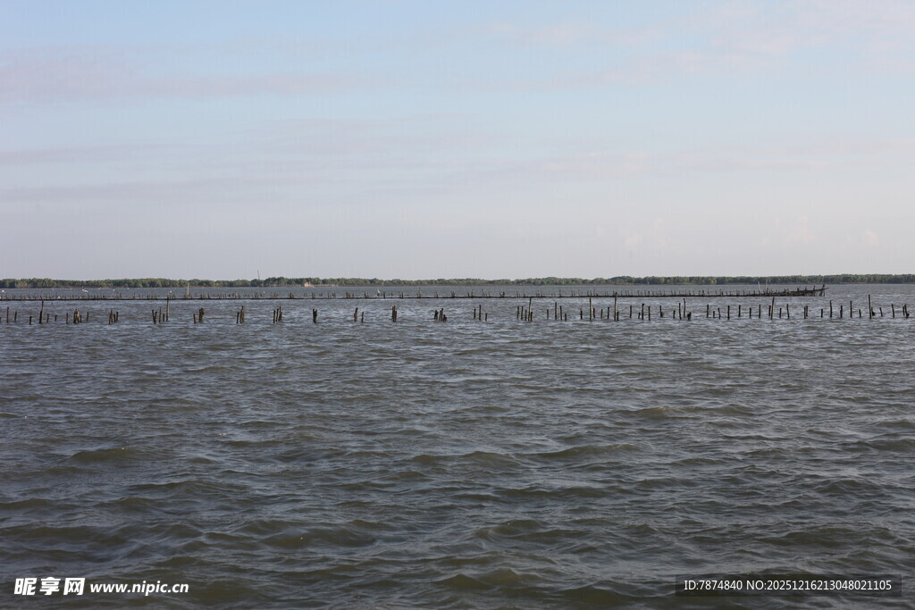 广阔水域上的长排物体