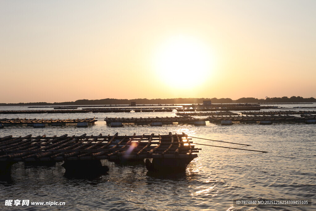 夕阳下的河畔船只景观