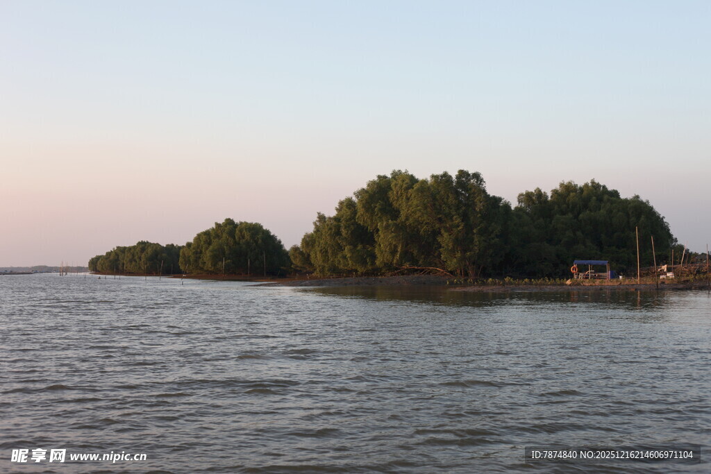 湖畔绿树成荫的美丽景致