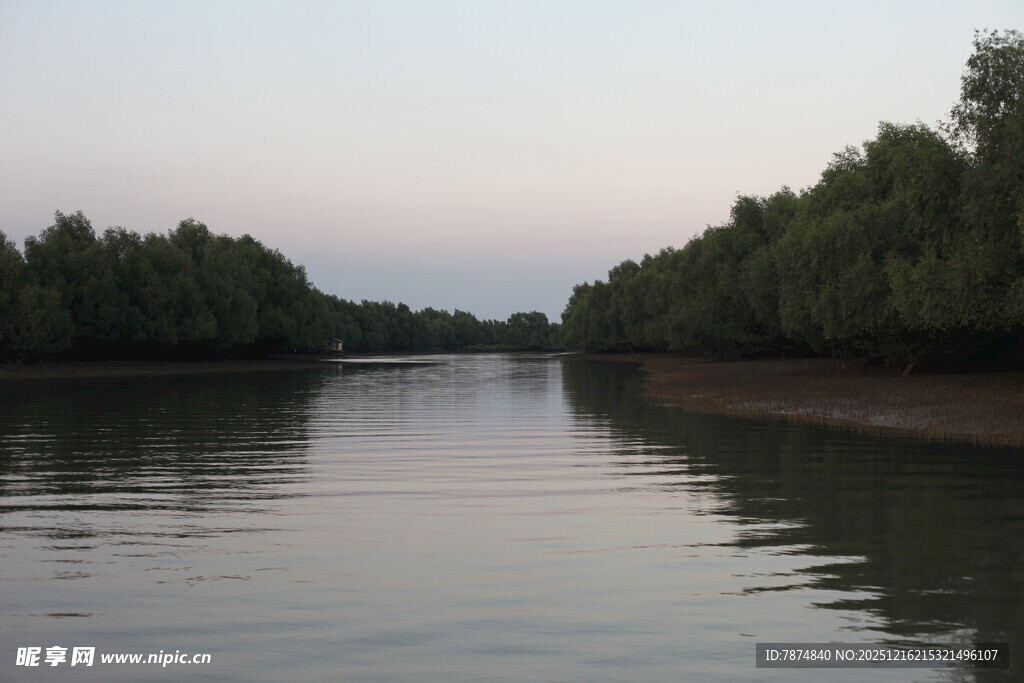 宁静河畔的黄昏景色