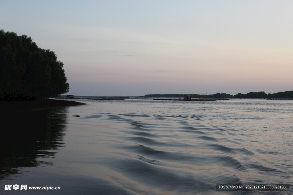黄昏下宁静的水面与树林
